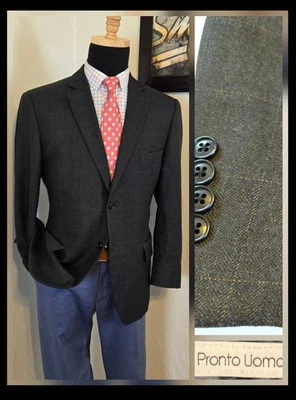 Pronto Uomo Blazer Men 44S Gray Herringbone Windowpane Sport Coat Jacket - Image 1 of 4