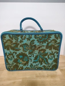 AVON 1960s-1970s Vintage Blue Green Floral Tapestry Carpet Bag Suitcase MCM - Picture 1 of 12