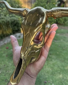 Vintage Mid Century Brass Texas Longhorn Steer Skull Wall Hanging Western Boho - Picture 1 of 11