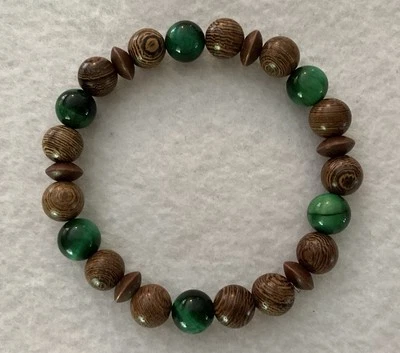 "Pulsera elástica hecha a mano para hombre ojo de tigre verde y cuentas de madera/8,5"" de longitud" Foto 1 de 2