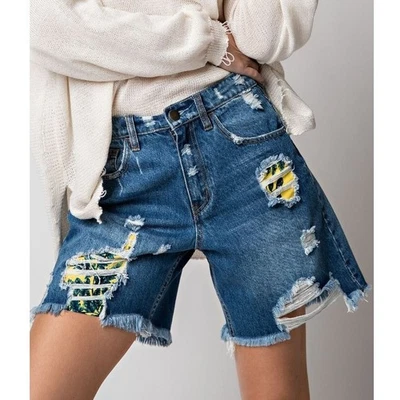 New Free People WTF Distressed Patched Denim Shorts $128 SIZE 25 Blue/Yellow  - Image 1 of 4