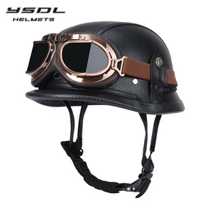 Retro German Leather Half Helmet Motorcycle Windproof Glasses Unisex Helmet - Picture 1 of 19