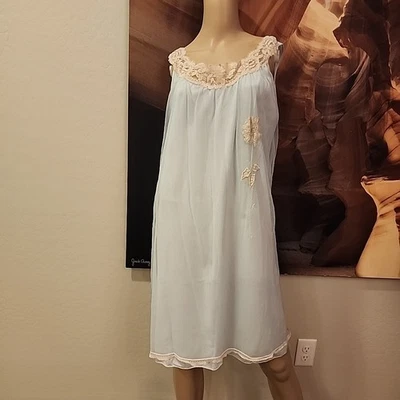 Ночная рубашка женская Aristocraft L двухслойная шифоновая синяя нейлоновая экрю аппликация - Изображение 1 из 4