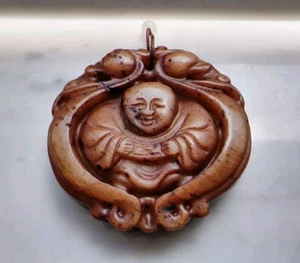 Nephrite Red Jade Hand Carved Smiling Buddha Dual Sided Heavy Pendant - Picture 1 of 14