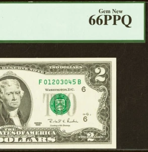 1995 $2 Federal Reserve Note PCGS 66PPQ Fancy Up Ladder Serial Number 01203045 - Picture 1 of 3