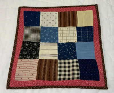 Antique Patchwork Quilt Table Topper, Four Patch, Early Calicos, Brown, Blue - Image 1 of 4