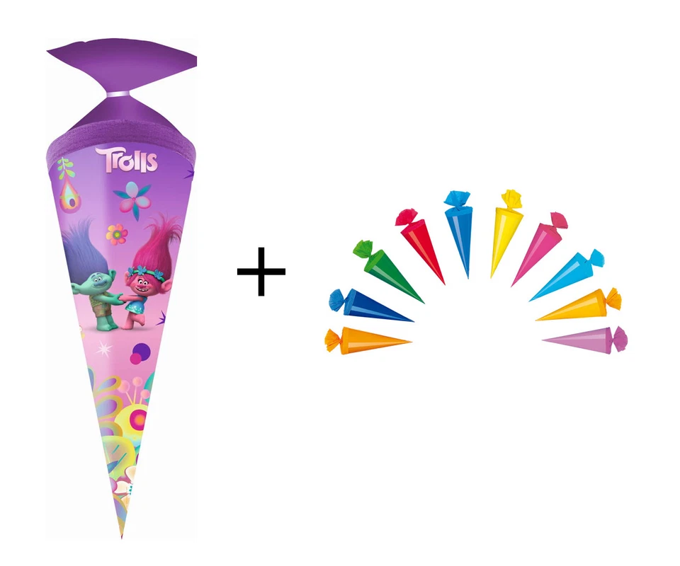 STYLEX SCHREIBWAREN Schultüte / Zuckertüte / 35cm / rund / "Trolls" + 10 Deko Schultüten 12cm