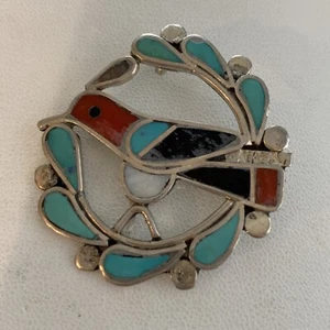 VINTAGE TURQUOISE Coral INLAY STERLING Bird PIN Brooch Pendant - Picture 1 of 6