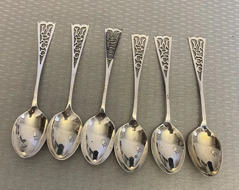 English Sterling Silver Demitasse Spoon Set 6 vintage 1960s cutout handle 4.5" Cover