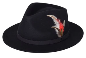 100% Wolle schwarz Fedora Hut Unisex Federhut knautschbare Krempe Filzhut Trilbyhut - Bild 1 von 1