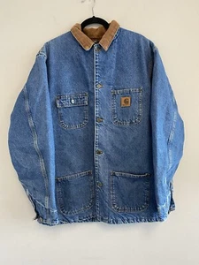VTG Carhartt Denim Jean Jacket Chore Blanket Lined Button Large Tall C59DST - Picture 1 of 10