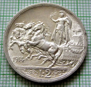 ITALY VITTORIO EMANUELE III 1914 R 2 LIRE, QUADRIGA, SILVER Patina TOP GRADE - Picture 1 of 6