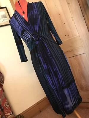 LINEA DRESS 12 BLUE GREEN KNOT FRONT BEADED BLACK PARTY OCCASION STRETCH SILKY - Image 1 of 4