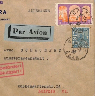 France ALGERIA Cover 1933 Oran *GERMANY AIR MAIL* Leipzig via Stuttgart YV261 - Image 1 of 4