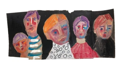 Original Outsider Art Primitive Naive Family Portrait Painting Torn Cardboard - Image 1 of 4
