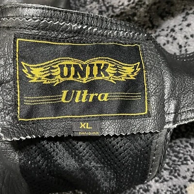 Unik MOTORCYCLE CHAPS Ultra Women XL Black Leather Biker Pants Distress Zip Snap - Image 1 of 4