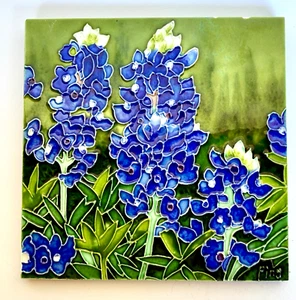 Vintage Ceramic Tile; Texas Blue Bonnets, 8” By 8” Tile, Signed Ping - Picture 1 of 8