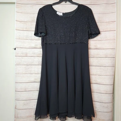 Vestido vintage Laurence Kazar para mujer 2X negro con cuentas lentejuelas línea A noche midi Foto 1 de 4