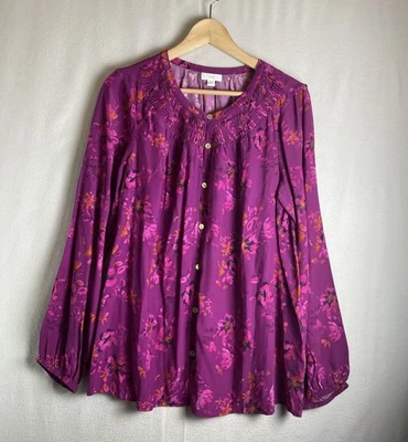 J. Jill Women’s Size M  Fuchsia Floral Buttons Smocking Long Sleeve Blouse Top - Image 1 of 4