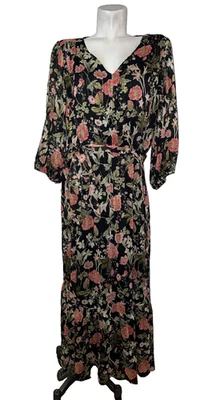 LC Lauren Conrad Sz 1X Black Gold Floral Chiffon Sheer Sleeve Tiered Midi Dress - Image 1 of 4