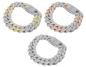 Three Rows 20 1/2 CT Real Diamond Miami Cuban Link Bracelet Gold      17mm   ... - Picture 1 of 8