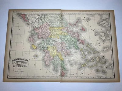 1892 2-Pc Map of GREECE Fm 1894 Rand-McNally Library Atlas SEE PICs & DESCRIP - Image 1 of 3