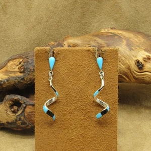 Sterling Silver Spiral Twist Block Turquoise and Jet Post-Dangle Earrings - Picture 1 of 4