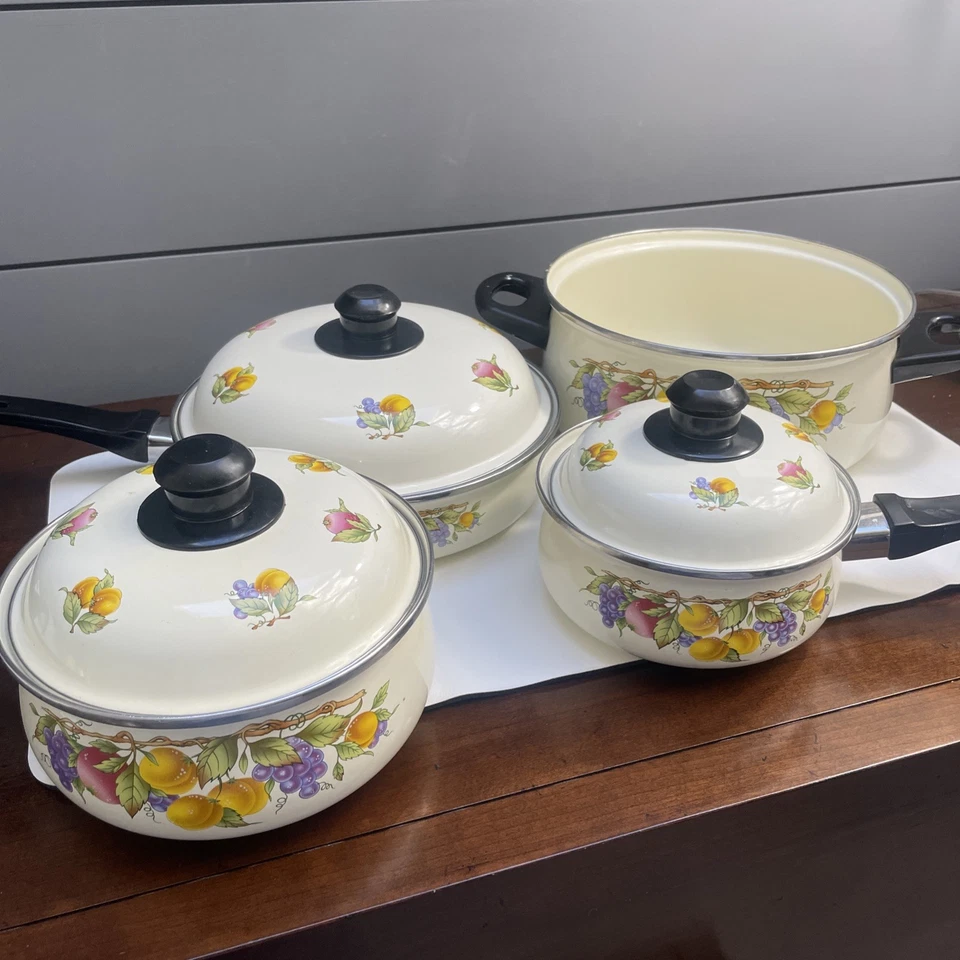 Panelas de esmalte de frutas vintage 7 peças panelas retrô tampas alça de cozinha anos 70 cm adereço - Imagem 1 de 4