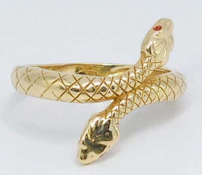 14k Yellow Gold Double Head Snake Ring Size 7.25, Snakes Skin, 2.69g Red Eyes - Image 1 of 4