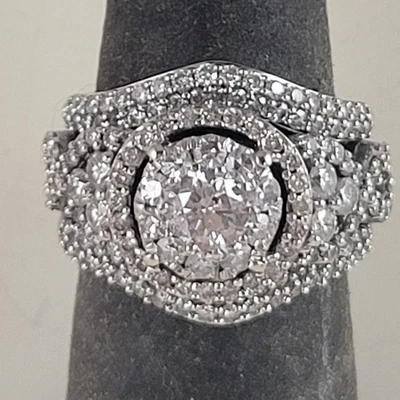 14K White Gold 2.12 Carat Double Halo Genuine Diamond Bridal Set 11.8 g Size 6 - Image 1 of 4