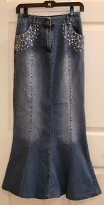 Denim Tulip Hem Maxi Skirt. Stretch. Sz S. Rhinestone Accents. Vintage 2004.  - Picture 1 of 9