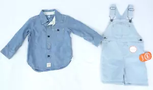 Toddler Boys 2 Piece Blue Bib Shortall Long Sleeve Shirt Outfit Set Size 3T NEW - Picture 1 of 4