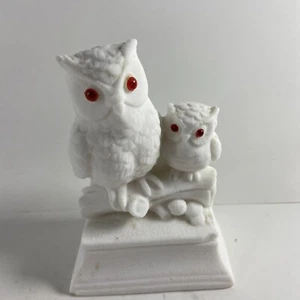 Pair of Vintage WHITE ALABASTER Salt Stone OWLS with red glass eyes - Picture 1 of 7