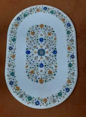 4'x2' White Marble dining Coffee Table Top malachite Stone Inlay Work Sofa Table - Image 1 of 4