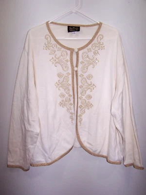 Bob Mackie - Suéter cárdigan blanco roto, ribete metálico de Dios, cuentas - 3X para mujer Foto 1 de 3