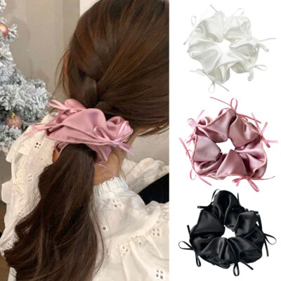 Retro Satin Headband Bow Scrunchies Hair Rope Elastic Soft Hair Ties Girls Gifts - Image 1 of 4