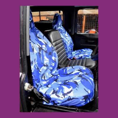 Par de fundas de asiento delanteras impermeables camufladas azules para Land Rover Defender 90 110 1983-07 Foto 1 de 2