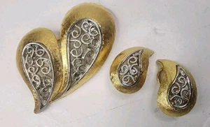 Vintage Filigree Pin Brooch +Matching Clip Earring Jewelry Set Gold/ Silver Tone - Picture 1 of 4