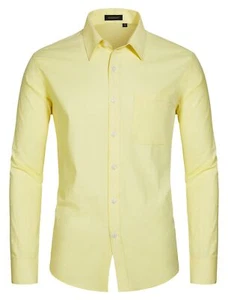 HISDERN Dress Shirt for Men Yellow Long Sleeve Casual Button Shirt, Solid 3XL - Picture 1 of 7