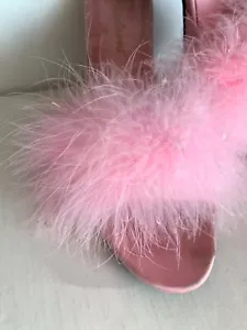 PINK Maribou Feather Mules Slippers Shoes Size 10 PINK Satin 3.5” Heels Vintage - Picture 1 of 14