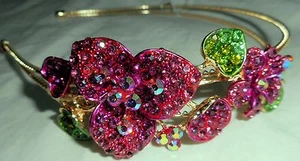HAPACHICO LUPITA Headband Flowers Leaves Gold Metal Rhinestones Pink Red Green  - Picture 1 of 6