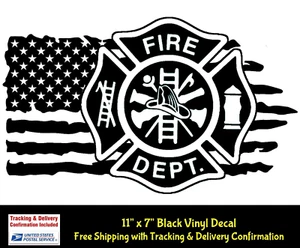 Fire Department American Flag Firefighter 11" Black Vinyl Decal Car Truck Window - Picture 1 of 3