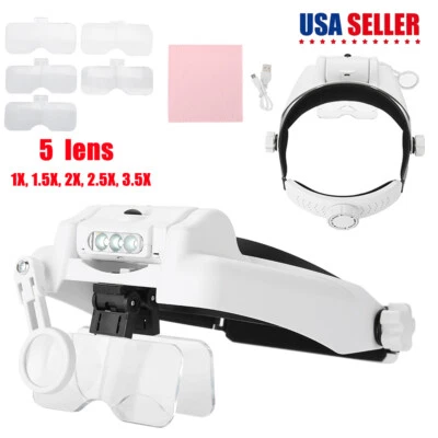 3 LED Headband Magnifier Lighted Glass Optivisor w/ 5 Lens Hobby Repair Reading - Image 1 of 4