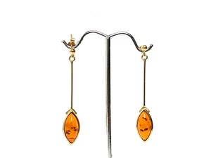 Marquise Amber Statement Dangle Drop 9ct Gold Vintage Earrings - Picture 1 of 15