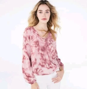 Neu mit Etikett Aeropostale Damenoberteil Large Batik rosa überkreuzter V-Ausschnitt Ballonärmel - Bild 1 von 13