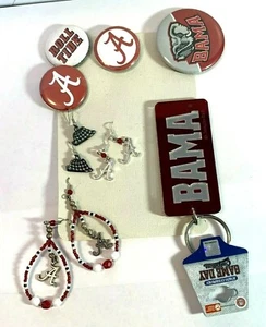 NEW ALABAMA CRIMSON TIDE GAME GEAR ASSORTMENT (EARRINGS-PINBACKS-KEY CHAIN)    - Picture 1 of 10