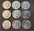 Lot of 9 Kennedy Us Half Dollar Coins, 5 Pre-1971 40% Silver,