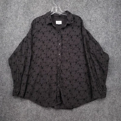 American Eagle Button Up Shirt Women Large Blac Oversized Fit Embroidered Floral - Изображение 1 из 4