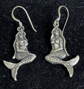 Pair Mermaid Earrings 925 STERLING SILVER Dangle Pierced Dangling Jewelry Signed - Picture 1 of 5