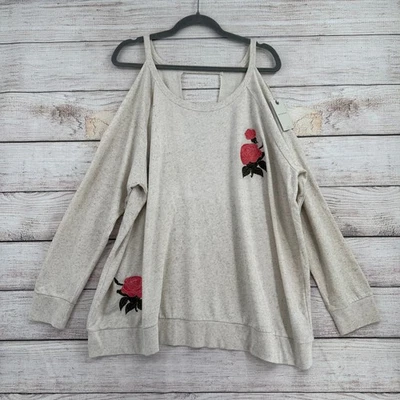 Sudadera Lucky Brand Floral Bordada Hombro Frío Mujer 3X Gris Crema NUEVA Foto 1 de 4